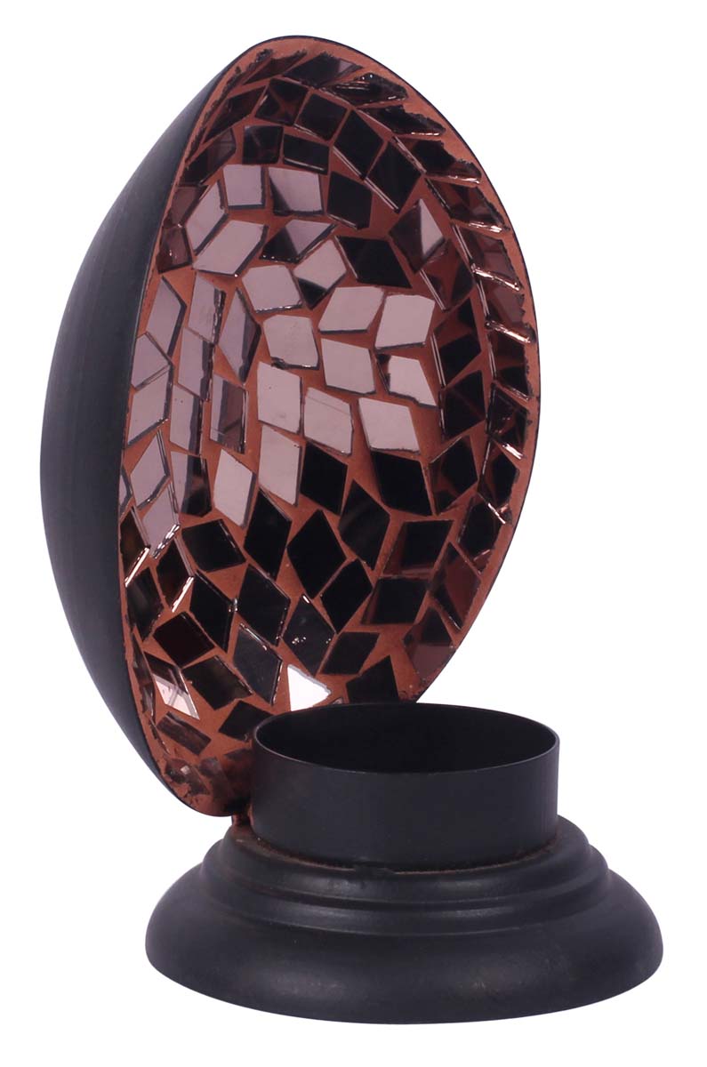 5” Egg-Shell Tea-Light Holder in Iron with Mirror-Work - Black & Copper Color - Mosaic Art Decor from India - Buy in Bulk Wholesale